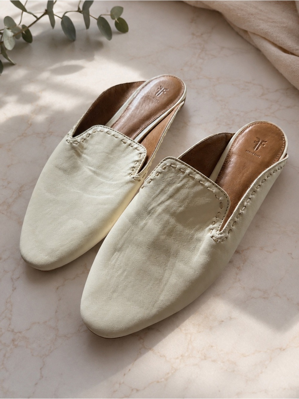 Frye Cream Leather Slip-On Mules